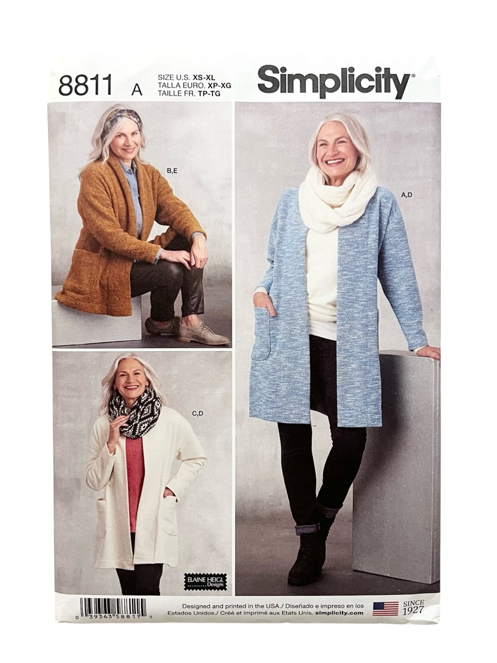 Simplicity 8811 Elaine Heigl Knit Cardigan Scarf Pattern XS-XL